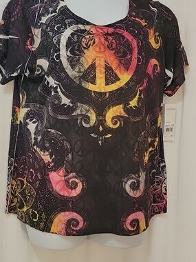 Notations Black Tee with Yellow-Orange-Pink Ombre Peace Graphic 2x Nwt $50